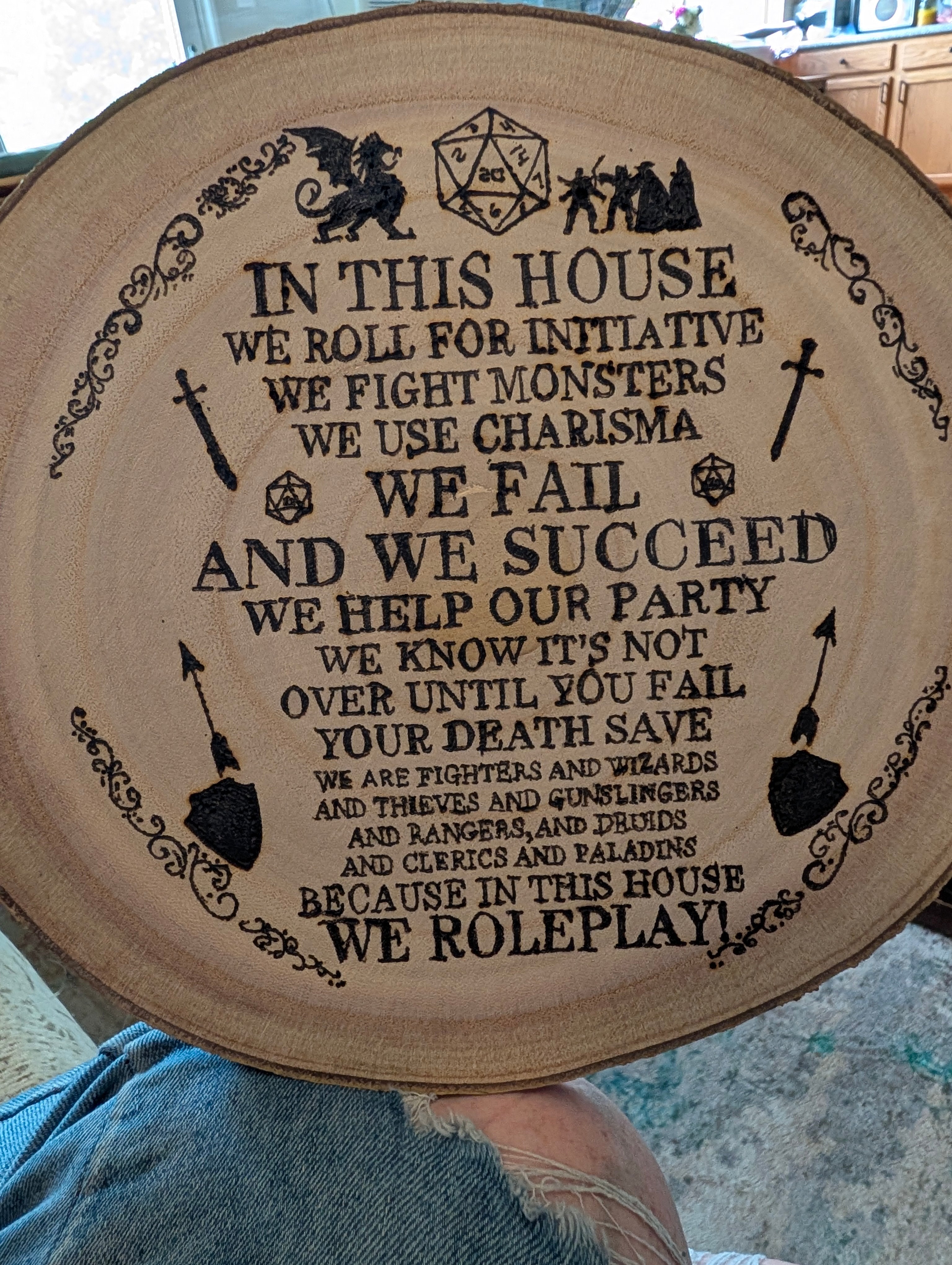 In This House We Roleplay — D&D Wood-Burned Plaque